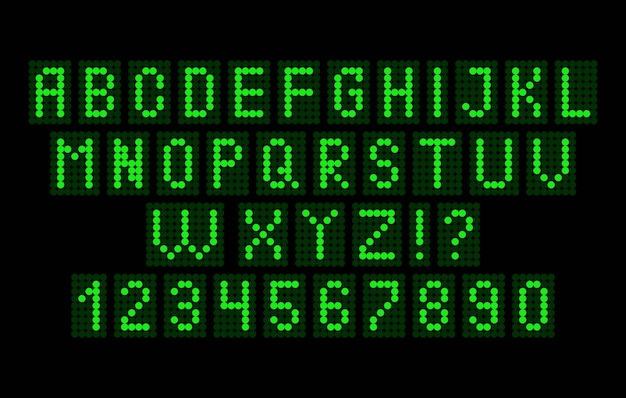 alphabet and numbers of light on a black background.