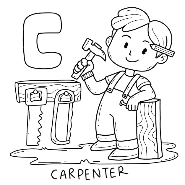 Alphabet occupation carpenter coloring book with word