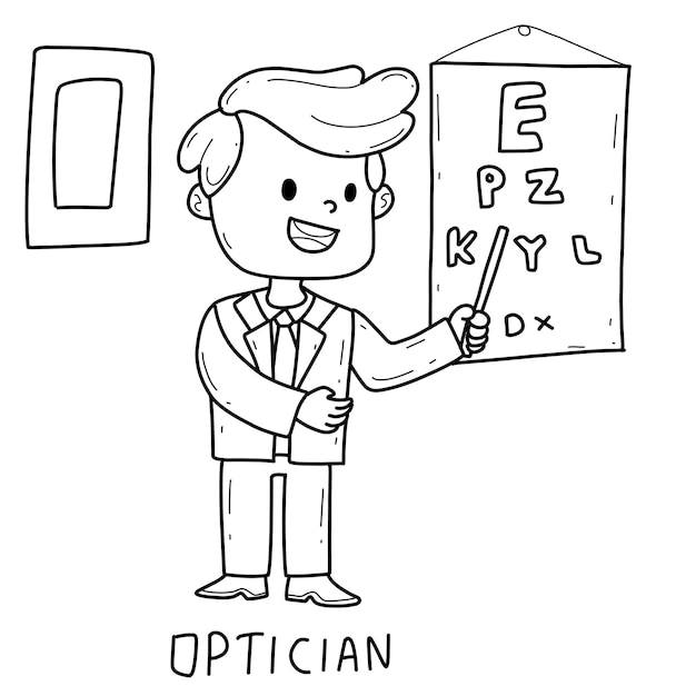 Alphabet occupation optician coloring book with word