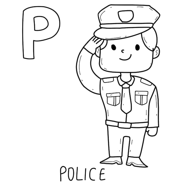 Vector alphabet occupation police coloring book with word