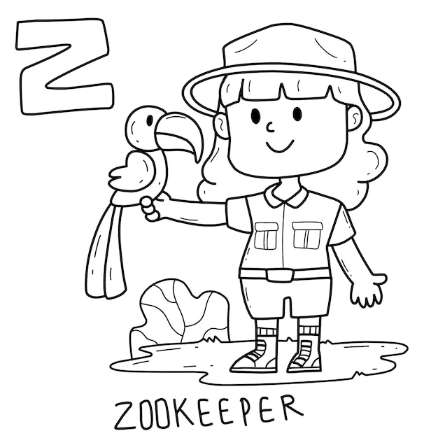 Alphabet occupation zookeeper coloring book with word