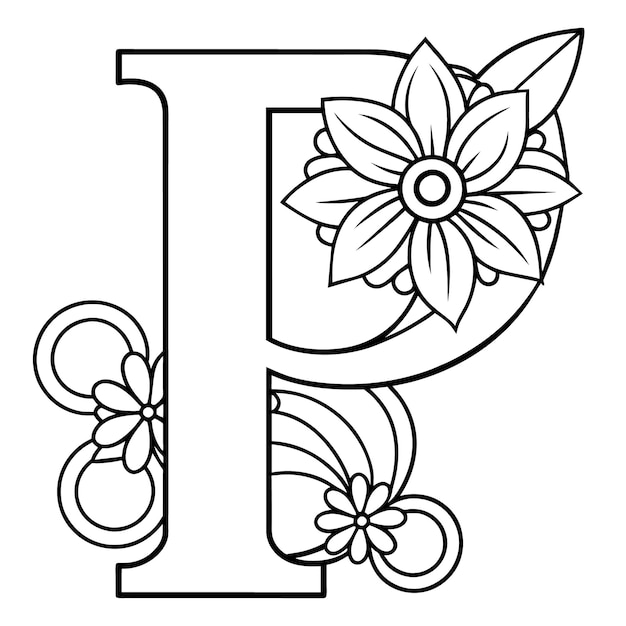 Alphabet P coloring page with the flower P letter digital outline floral coloring page ABC colorin