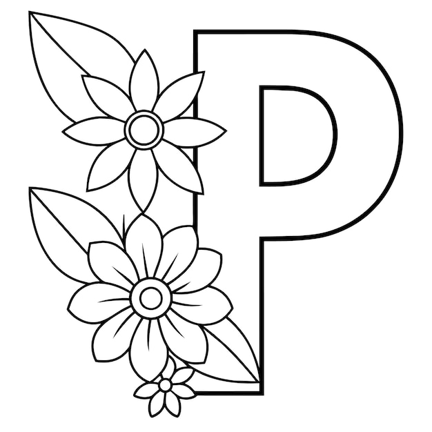 アルファベット P の花と文字のデジタル概要の花の彩色ページ ABC カラーイン