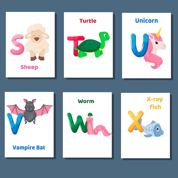 Алфавит для печати векторных карт с буквой stuvw x. зоопарк животных для обучения английскому языку.