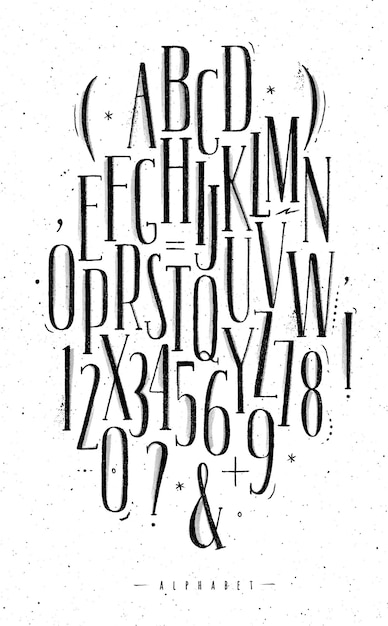 알파벳은 흰색 배경에 검정색이 있는 빈티지 스타일 그리기의 고딕 글꼴을 설정합니다.