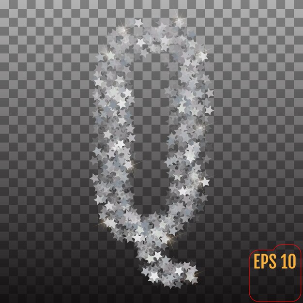 Alphabet of sparkling confetti. Silver stars of confetti. The letter "q". Vector illustration for party, birthday celebrate, anniversary or event, festive. Festival decor.