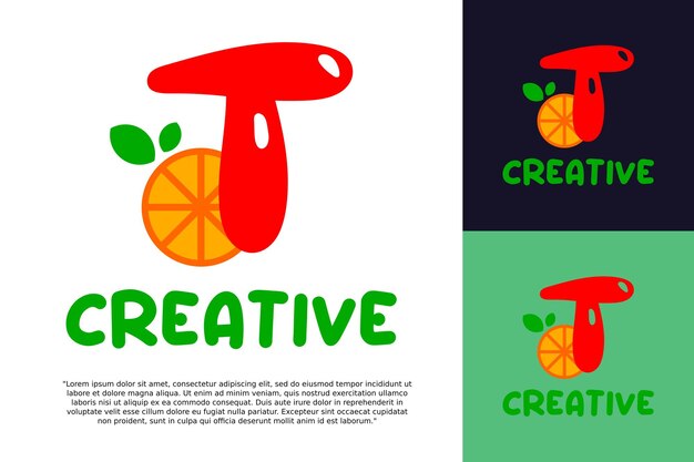 Alphabet t logo and fresh citrus fruit in modern style