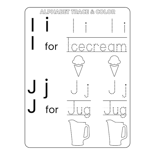 Алфавитная трассировка и цветная страница для детей для печати вектор премиум