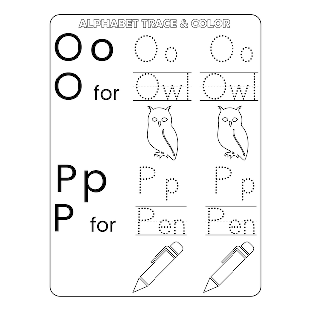 Алфавитная трассировка и цветная страница для детей для печати вектор премиум