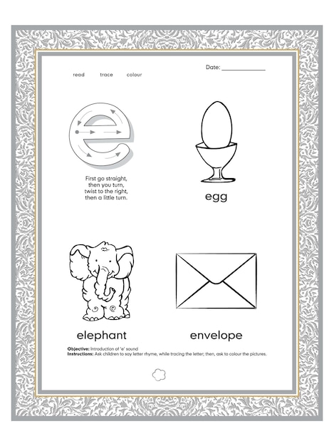 Alphabet tracing and colouring  worksheet with letter E