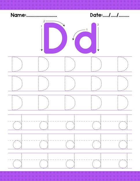 Alphabet tracing letter D beginning letter worksheet for preschool kid activity back to school
