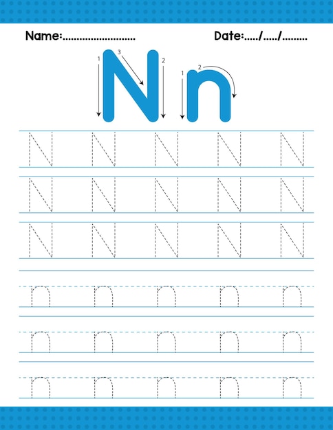 Lettera di tracciamento dell'alfabeto n foglio di lavoro della lettera iniziale per l'attività dei bambini in età prescolare di ritorno a scuola