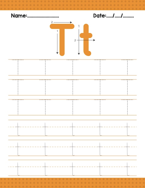 就学前の子供の活動のためのアルファベットのトレース文字T開始文字ワークシート