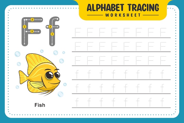 Alfabeto tracing foglio di lavoro lettera f per pesce