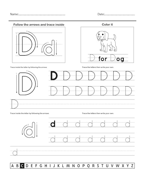 벡터 문자 및 어휘 d가 있는 알파벳 추적 워크시트