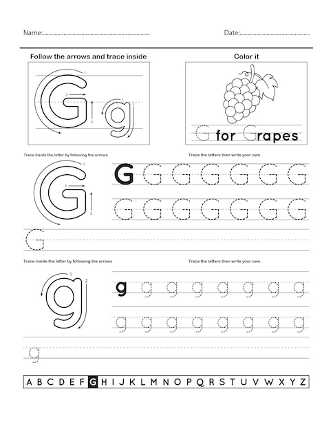 Alphabet tracing worksheet with letter and vocabulary G