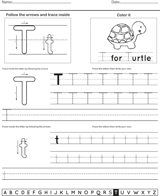Alphabet tracing worksheet with letter and vocabulary T