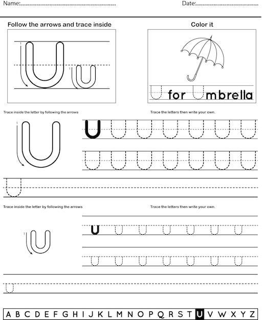 Alphabet tracing worksheet with letter and vocabulary U