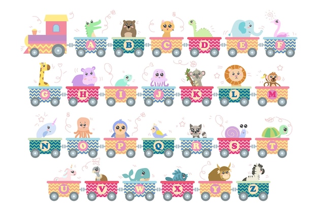 Vector alphabet train with animals set. vector illustrations of abc for preschool children learning english letters. cartoon funny pets sitting in vehicles isolated on white. education, game concept