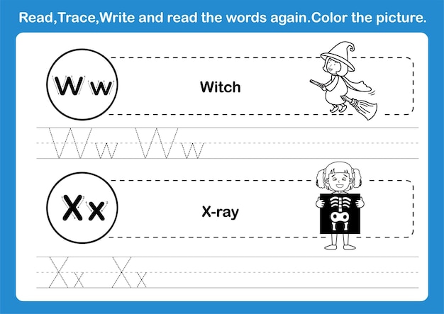 Alphabet w-x exercise with cartoon vocabulary for coloring book illustration