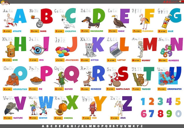 Vector alphabet with cartoon characters and objects educational set