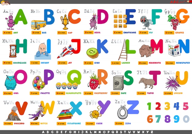 Alphabet with cartoon characters and objects set