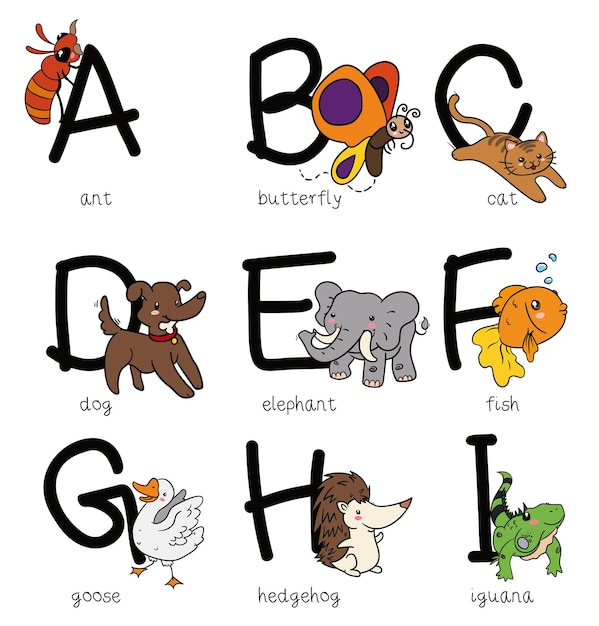 Alphabet with cute animals to learn ant butterfly cat dog elephant fish goose hedgehog and iguana