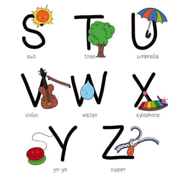 Vector alphabet with cute objects from s to z sun tree umbrella violin water xylophone yoyo and zipper