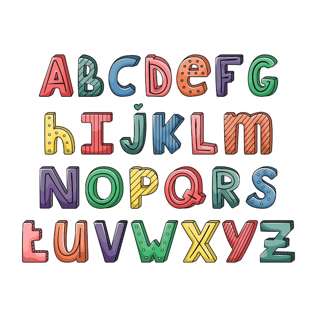 Alphabet with hand-drawn letters with stripes and dots. typography set