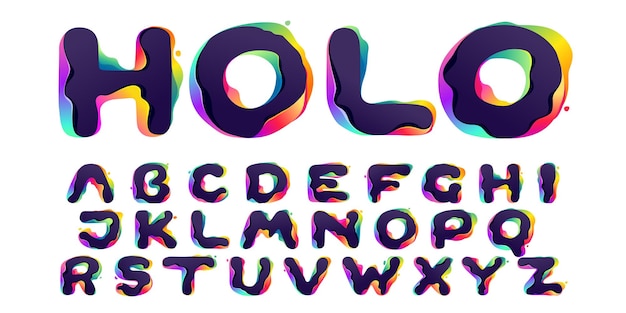 Alphabet with hologram glitch Multicolor gradient icons set with color shift and illusion effect