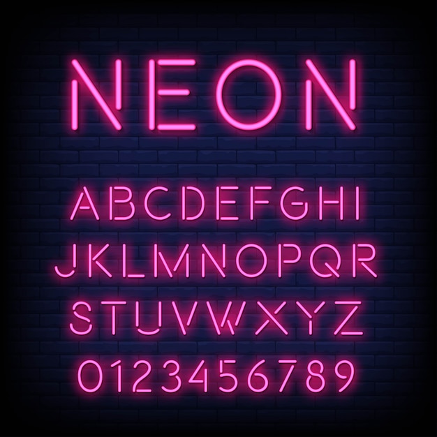 Alfabeto con lettere e numeri in effetto neon