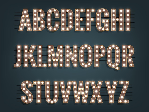 Alphabet with light bulbs Glowing vector font with shiny bright lights