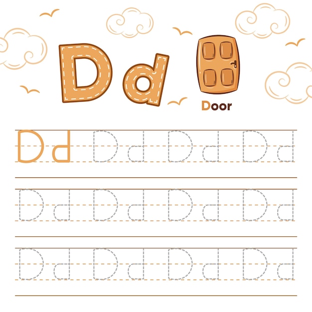 Алфавитный лист буква D обучение с милым рисунком двери