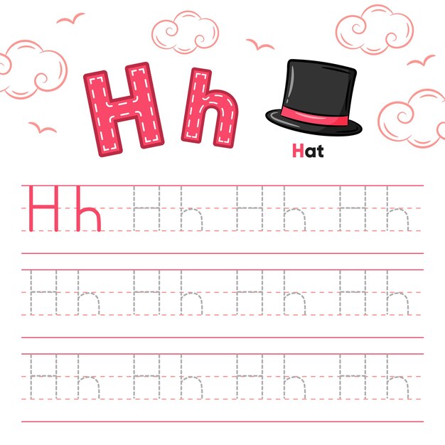 Alphabet worksheet letter h learning with cute hat drawing