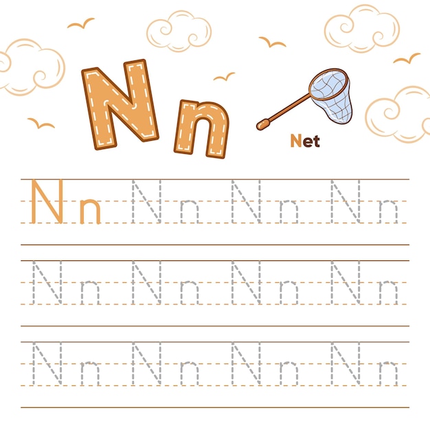 Alphabet worksheet letter N learning with cute net drawing