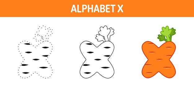子供のためのアルファベット x のトレースと塗り絵のワークシート