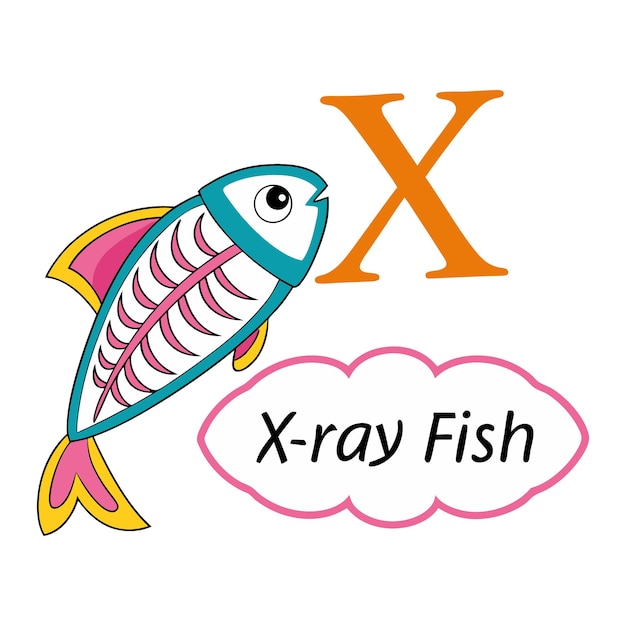 アルファベット X Xレイ 魚 イラスト 子供のための楽しい教育的な幼稚園学習コンセプト