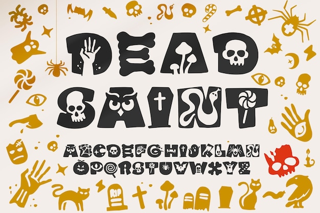 Alfabeto per il design della tua festa di halloween. lettere disegnate a mano con il famoso motivo di metafore.