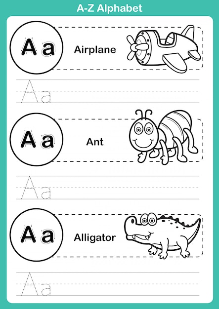 Alphabet a-z exercise with cartoon vocabulary for coloring book