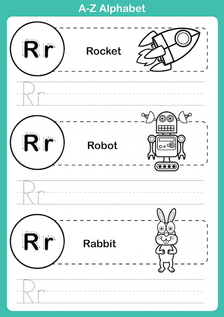Esercizio di alfabeto az con vocabolario cartoon per libro da colorare