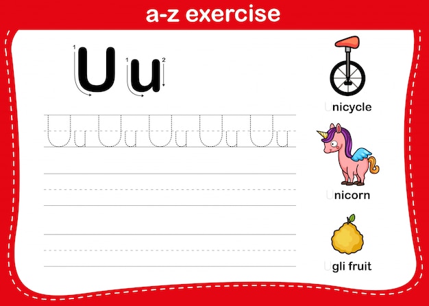 Alphabet a-z exercise with cartoon vocabulary illustration, vector