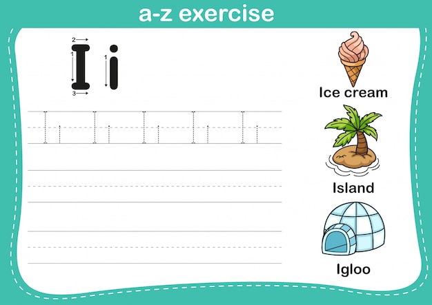 Alphabet a-z exercise with cartoon vocabulary illustration