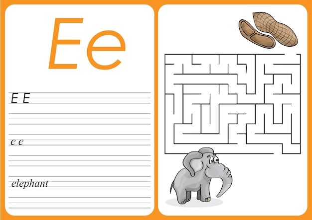 アルファベットAZ-パズルワークシート-かわいい象とピーナッツを持つ就学前の子供のためのゲーム