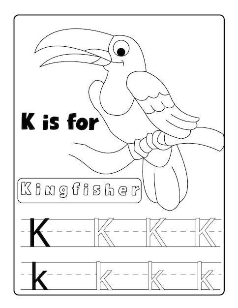 アルファベットの鳥の色と名前の文字トレースページ
