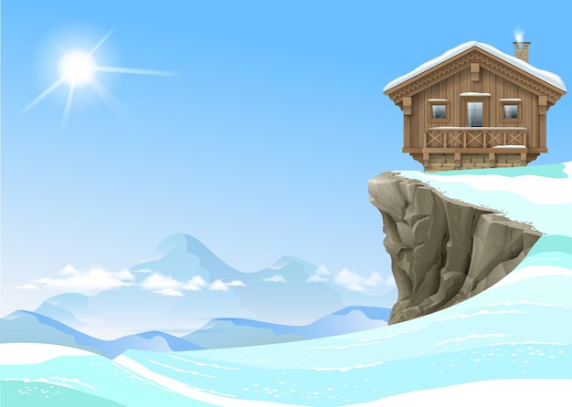 Alpine chalet house in the snowy mountains Ski resort banner background Hotel