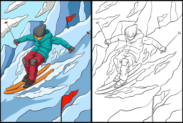 Illustrazione a colori della pagina da colorare dello sci alpino
