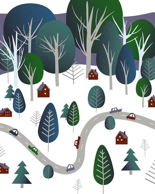 Vector alpine village with forest and mountains in the background. road with car handmade drawing