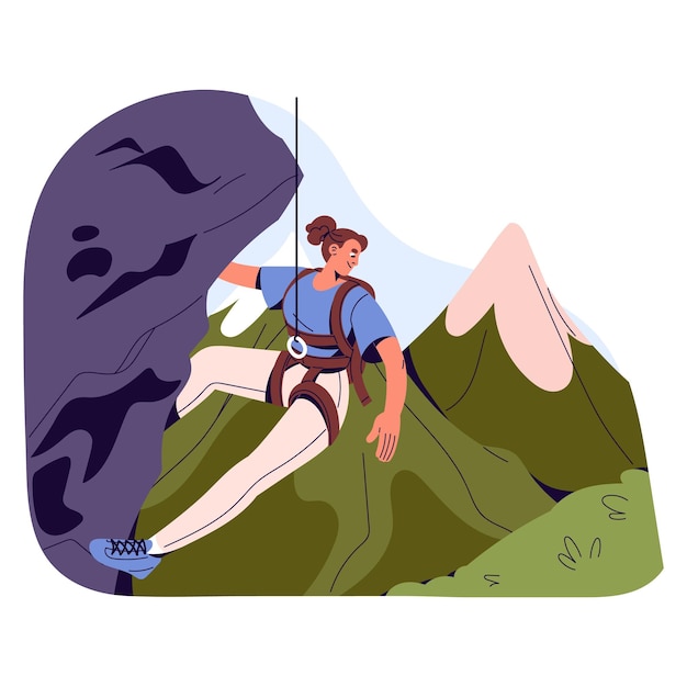 Альпинист, поднимающийся на скалу на вершине горы, альпинист, висящий на веревке, девушка, скачущая по скале, альпинизм, экстремальная деятельность, плоская изолированная векторная иллюстрация на белом