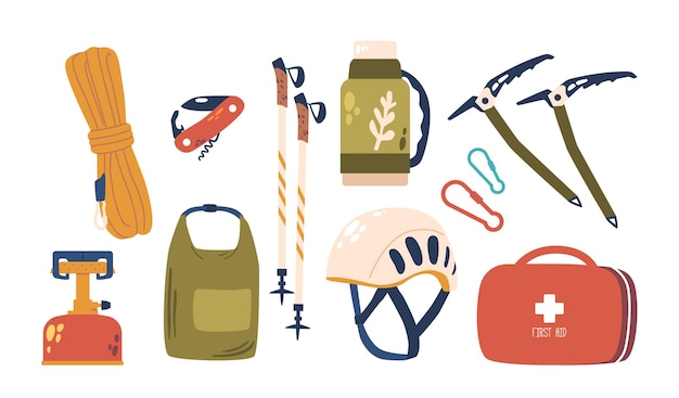 Vector alpinist equipment comprises ice axes harnesses and ropes vacuum flask carabiners first aid kit and bag vital gear for conquering peaks ensure safety and efficiency cartoon vector illustration