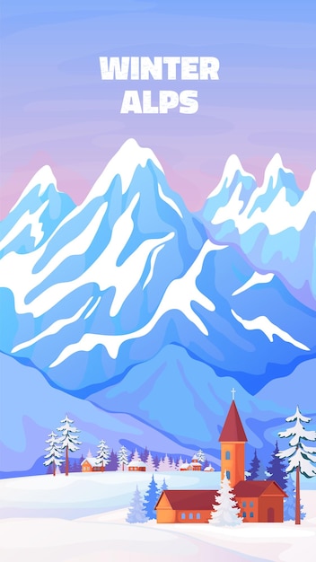 알프스 겨울 포스터. 오스트리아 또는 스위스 알프스의 높은 눈 덮인 봉우리와 빈티지 만화 배너